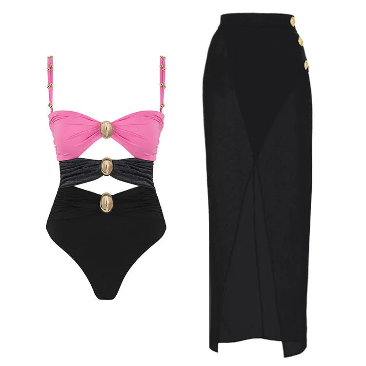 Women's one-piece swimsuit with skirt and gold buttons in solid colour options