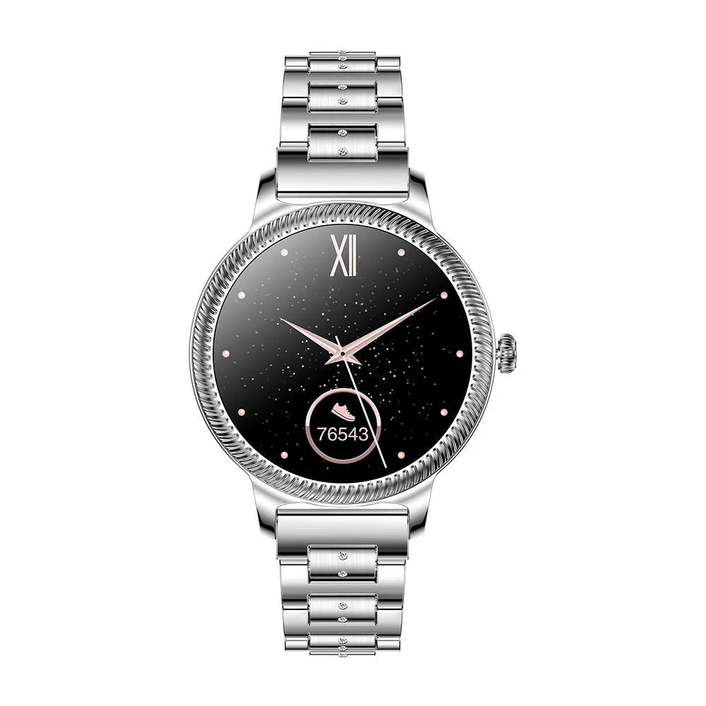 AK38 ladies smart watch with stainless steel Milanese band and 1.09-inch colour screen displaying time