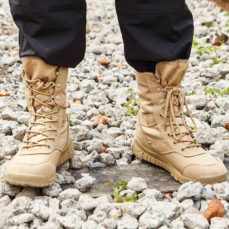 Yulong tactical desert combat boots in black and sand colour for outdoor activities.
