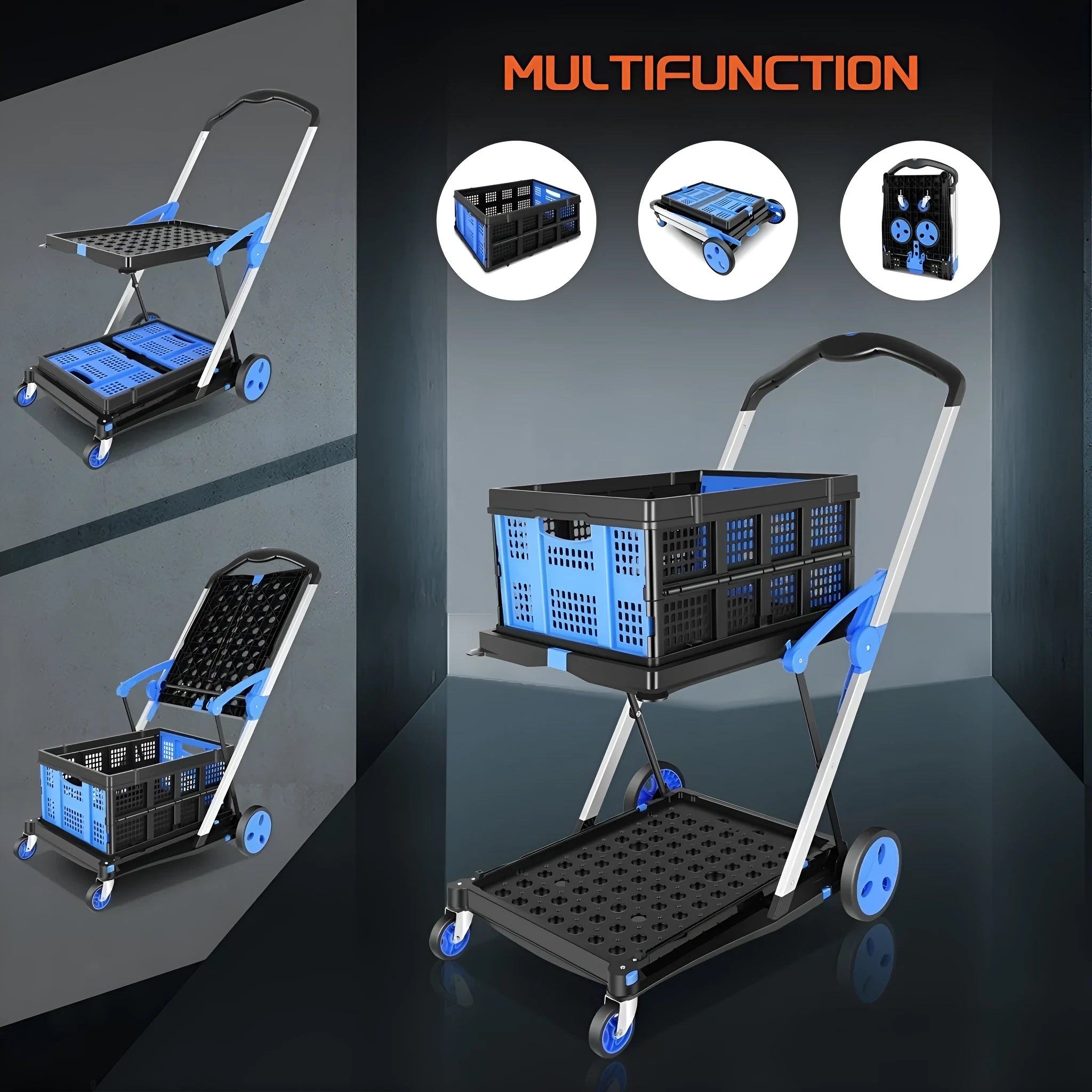 Foldable blue shopping cart with double-layer plastic baskets for grocery transport