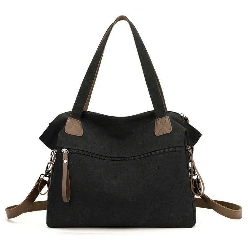 Large capacity retro canvas bag for women, soft horizontal square shape, available in four colours: gray, black, brown, khaki