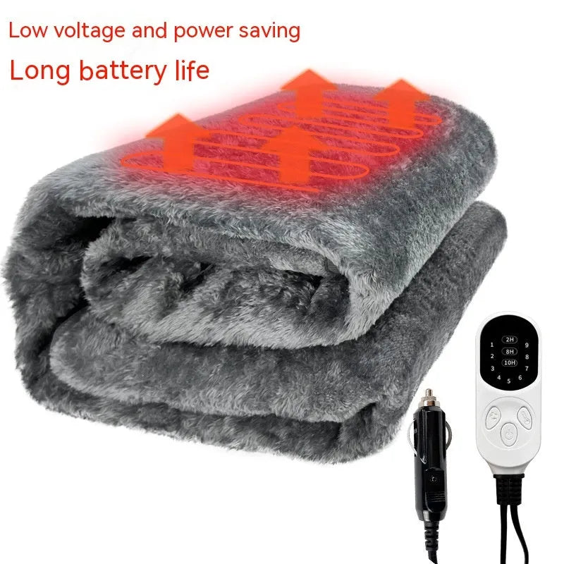 Grey 12V car electric blanket with cigarette lighter plug showing 9-speed temperature control