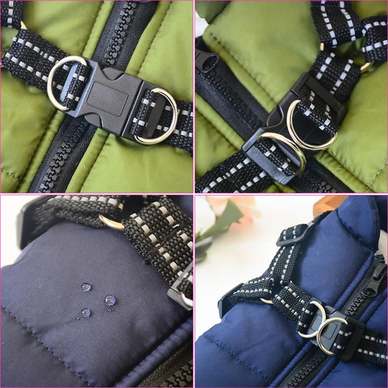 Waterproof dog coat with integrated harness in red, shown on a dog