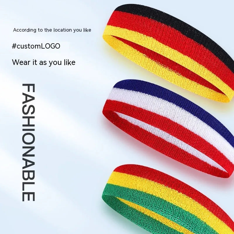 Colourful sports headband for adults in red, yellow, and blue colour combination.