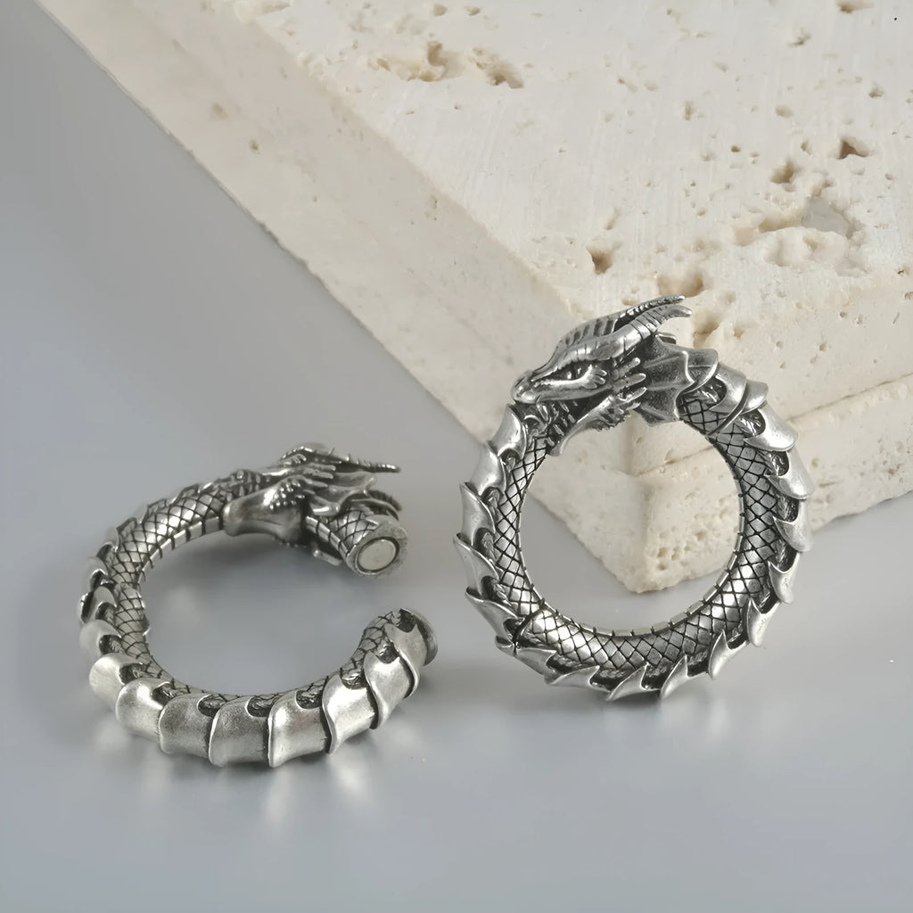 Large antique silver dragon shape hollow out copper auricle earrings made from stainless steel.