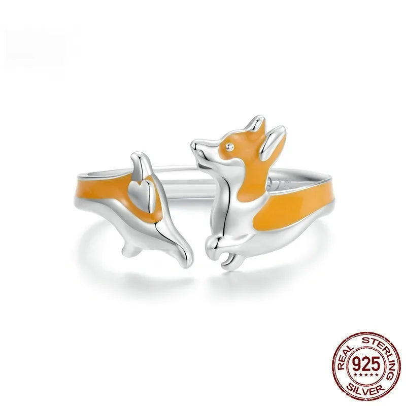 Silver electroplated corgi pet ring with adjustable band and cartoon animal design