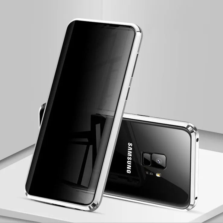 Black anti-peeping magnetic clamshell phone case for Samsung Galaxy smartphones showing closed and open views