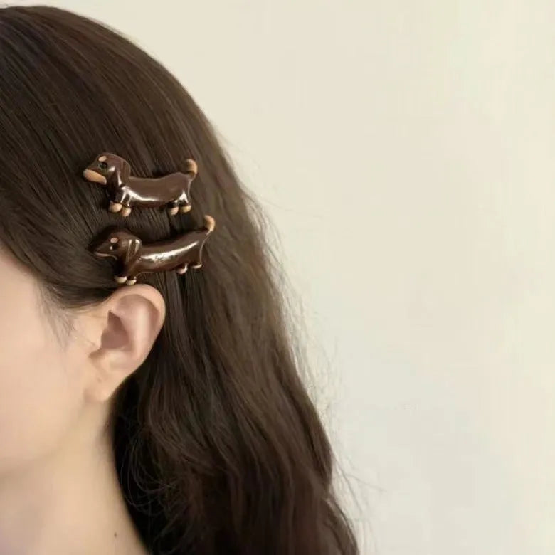 Dachshund dog shaped hair barrette clip with electroplated finish on mixed material