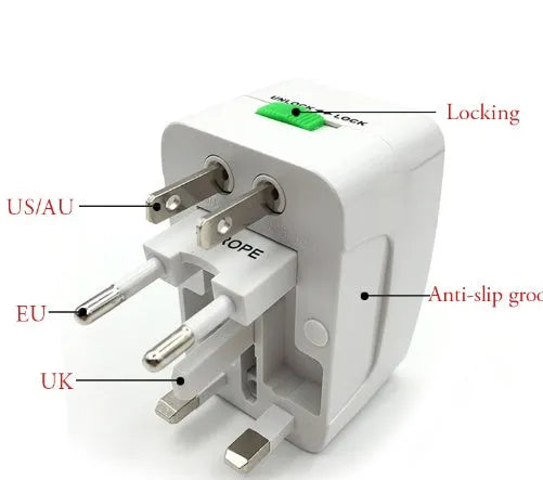 Universal travel plug converter adapter showing front and side view