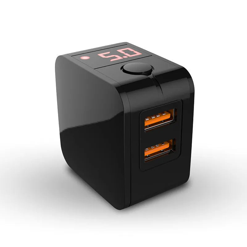 5V2.4A dual USB travel charger with digital display in black/white/red with UK/US/EU plug options