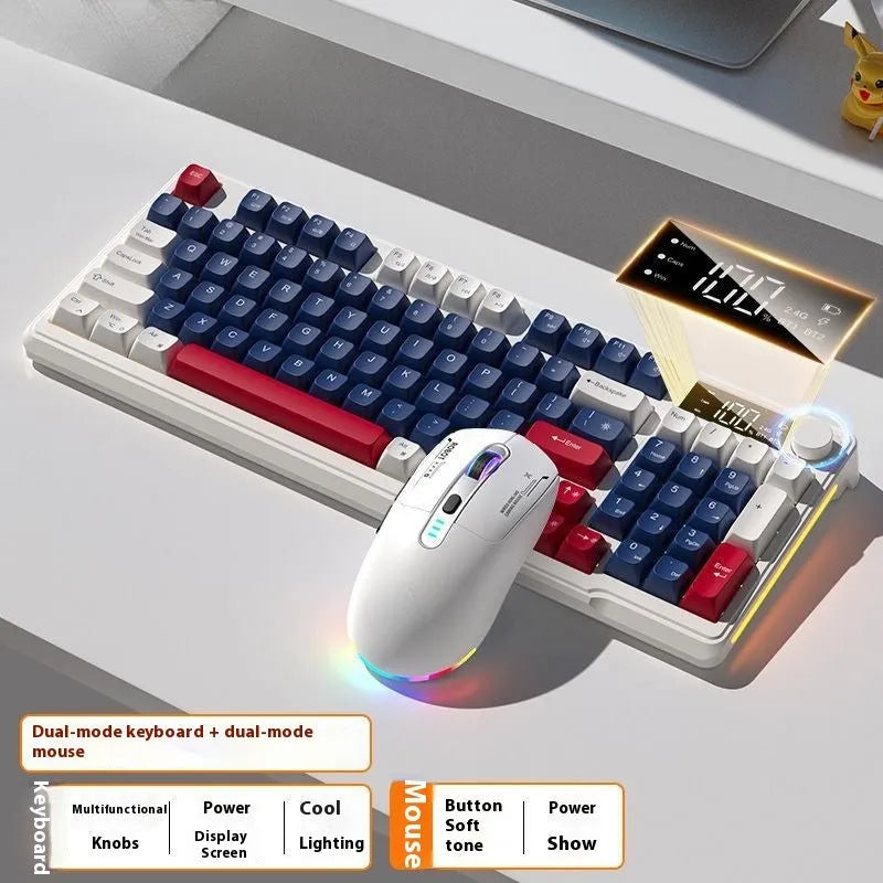 Wireless Bluetooth keyboard and mouse combo with mechanical-style keys in blue and white colour scheme