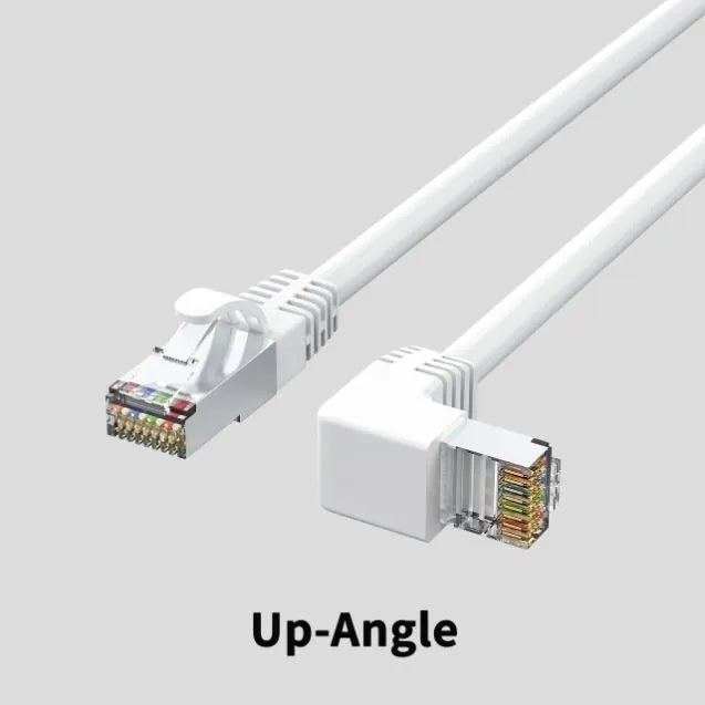 Cat6 Ethernet cable with angled RJ45 connectors in various colours and lengths on a grey background