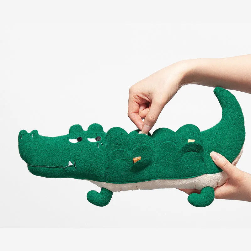 Green interactive plush dog toy with squeaker and crinkle sounds, measuring 35 cm long.