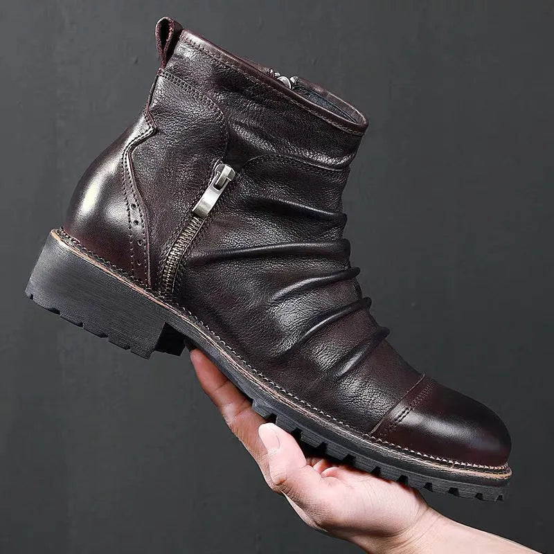 Black and brown cowboy-style Martin boots with a side zipper and round toe.