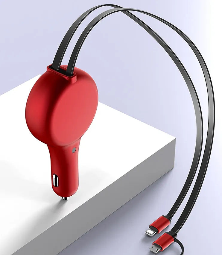 Retractable dual USB-C car fast charger with extended cable in black colour