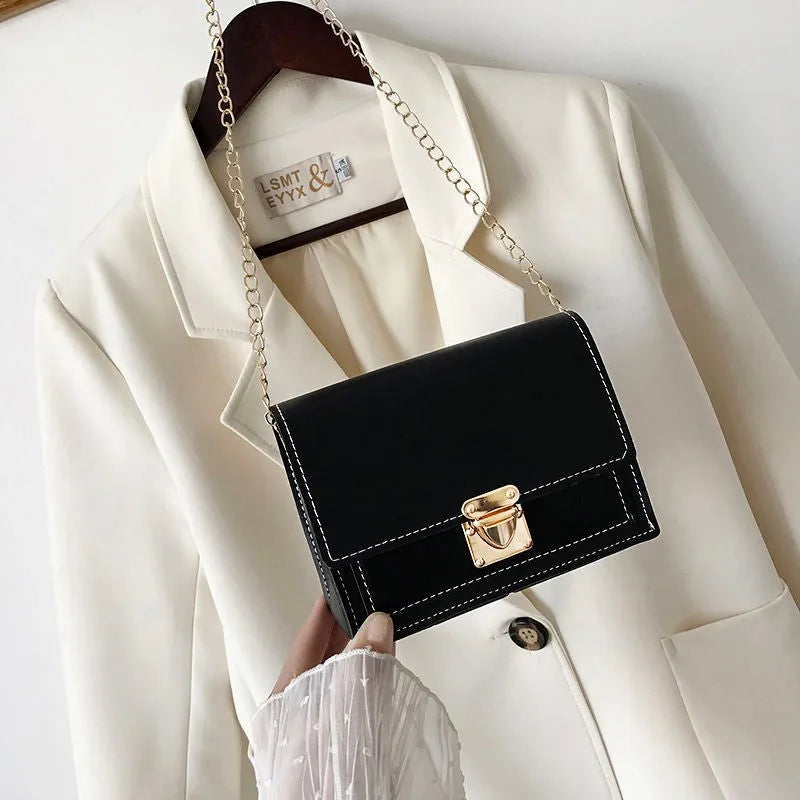 Women's PU leather small square messenger bag in beige with chain strap, 17x13x6cm.