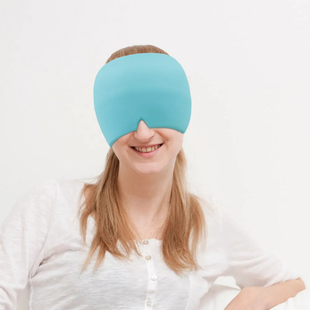 Black elastic cloth gel eye mask for headache relief measuring 22cm by 17cm