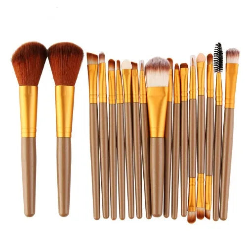 18-piece makeup brush set with fan-shaped tools in multiple styles for professional and home makeup application