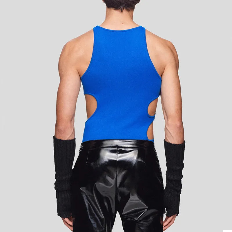 Men's sling double-shoulder strap hollow knitted vest in stretch slim fit polyester, black colour