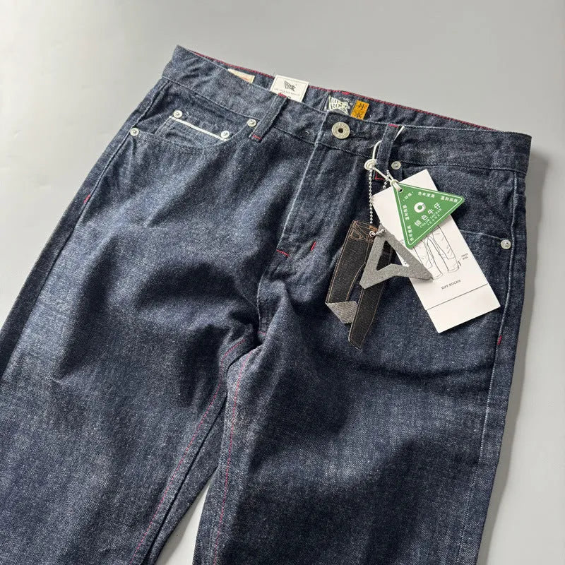 Men's primary colour straight leg jeans with vintage American retro styling and mid waist design