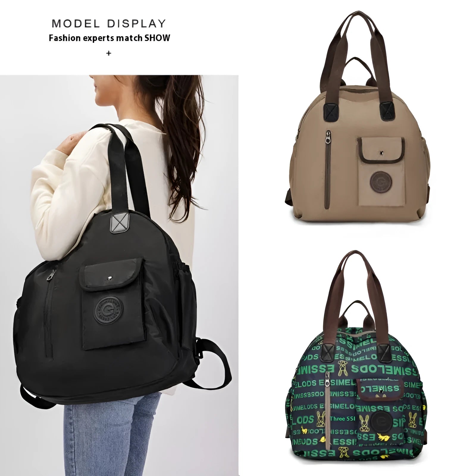 Outdoor large capacity nylon backpack with sandwich pocket in black, khaki, or green letters colour