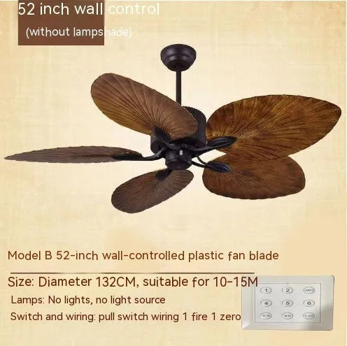 Retro-style brown and copper ceiling fan light with wooden blades and integrated lights.
