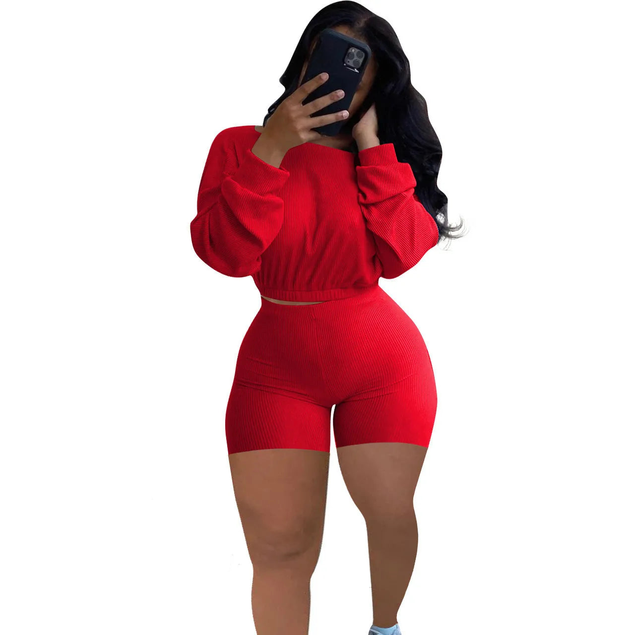Sunken stripe solid colour off-the-shoulder long sleeve top and shorts two-piece set on a hanger.