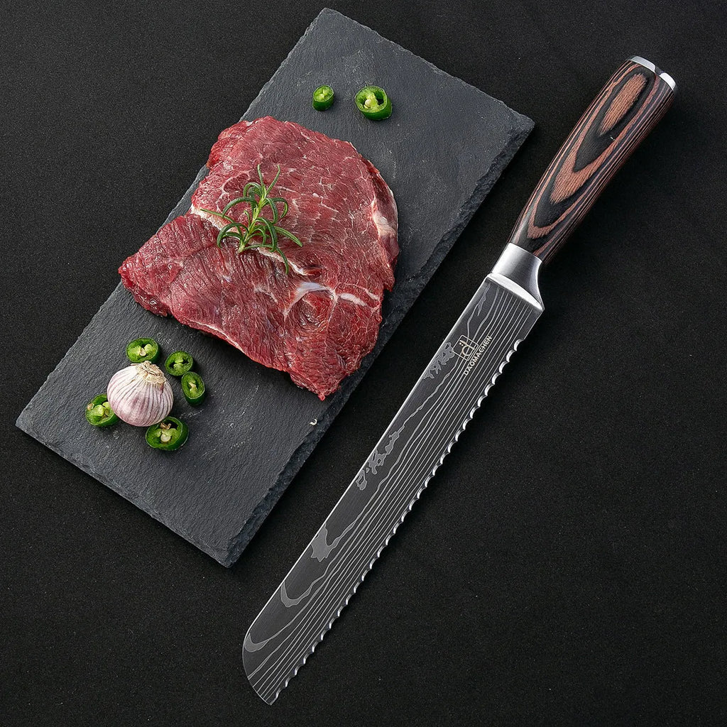Chef knife with laser Damascus pattern blade, colour steel handle, showing 18cm blade length