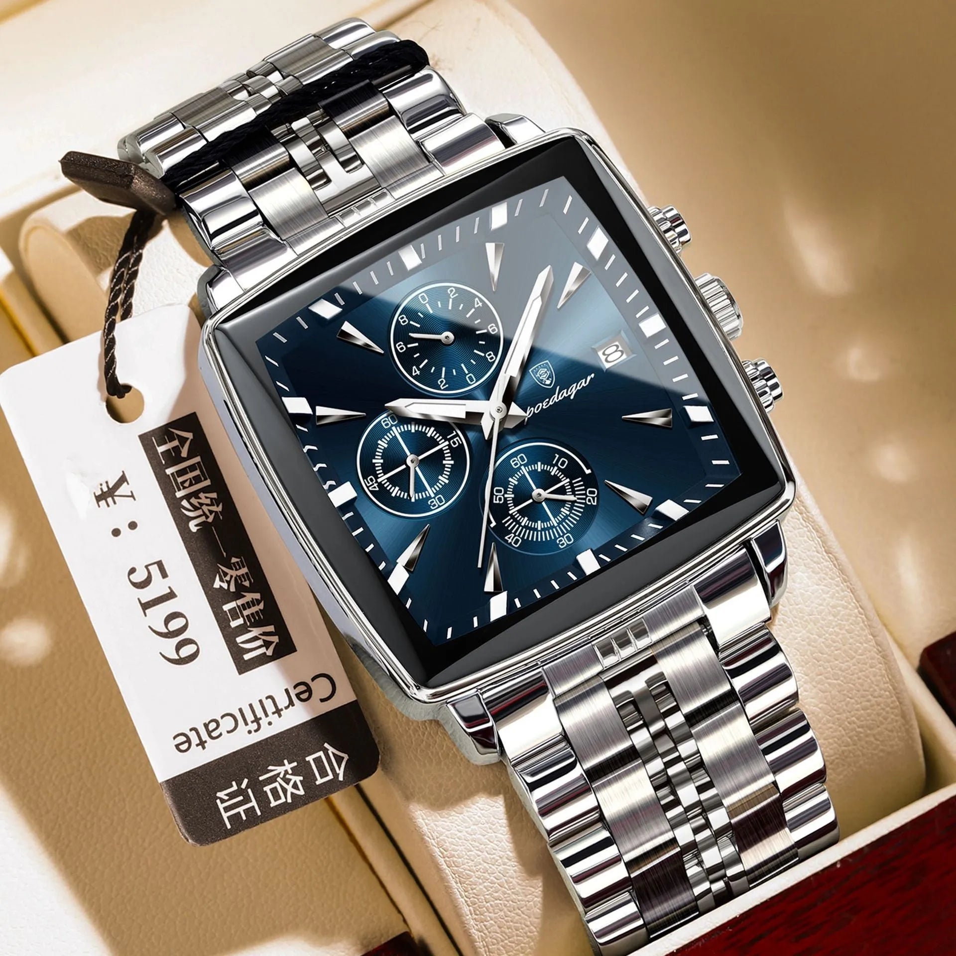 Square men's business watch with stainless steel strap and multiple colour configuration options