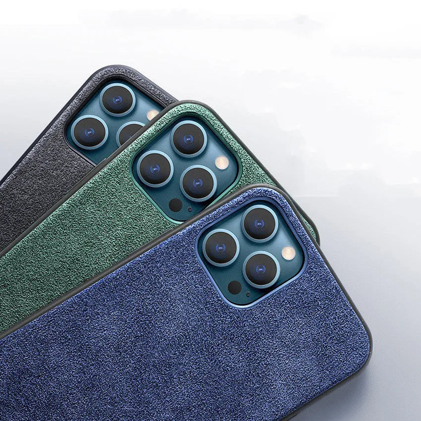 Suede iPhone case showing full-cover design in dark blue colour