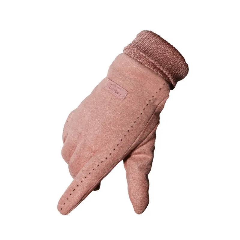 Suede gloves for couples in coffee colour, elastic fabric with velvet feel, unisex size M for cycling and driving