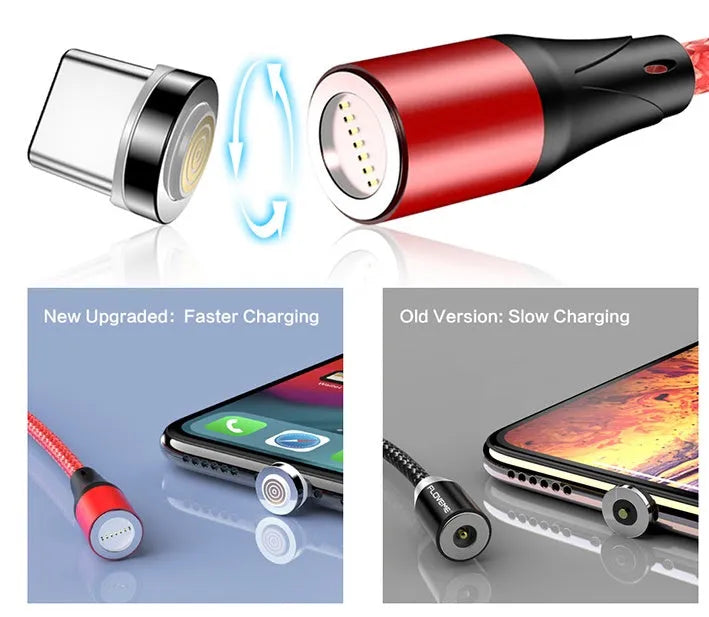 Black magnetic USB charging cable with illuminated side light on connector, next to smartphone.