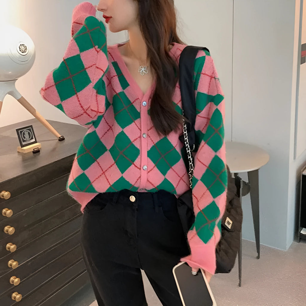 Women's casual knitted cardigan coat in macaron colours - pink, green, black, khaki.