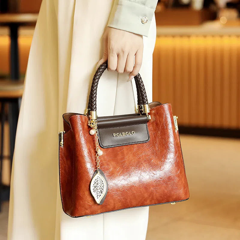 Genuine leather tote bag for women large capacity horizontal rectangular casual travel bag with internal pockets