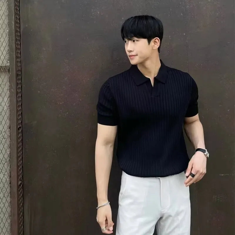 Men's knitted polo collar short sleeve shirt in Ice Silk cotton blend summer top