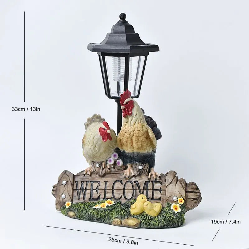 Solar hexagonal garden lamp with decorative resin figurine on plastic base for outdoor pathway lighting