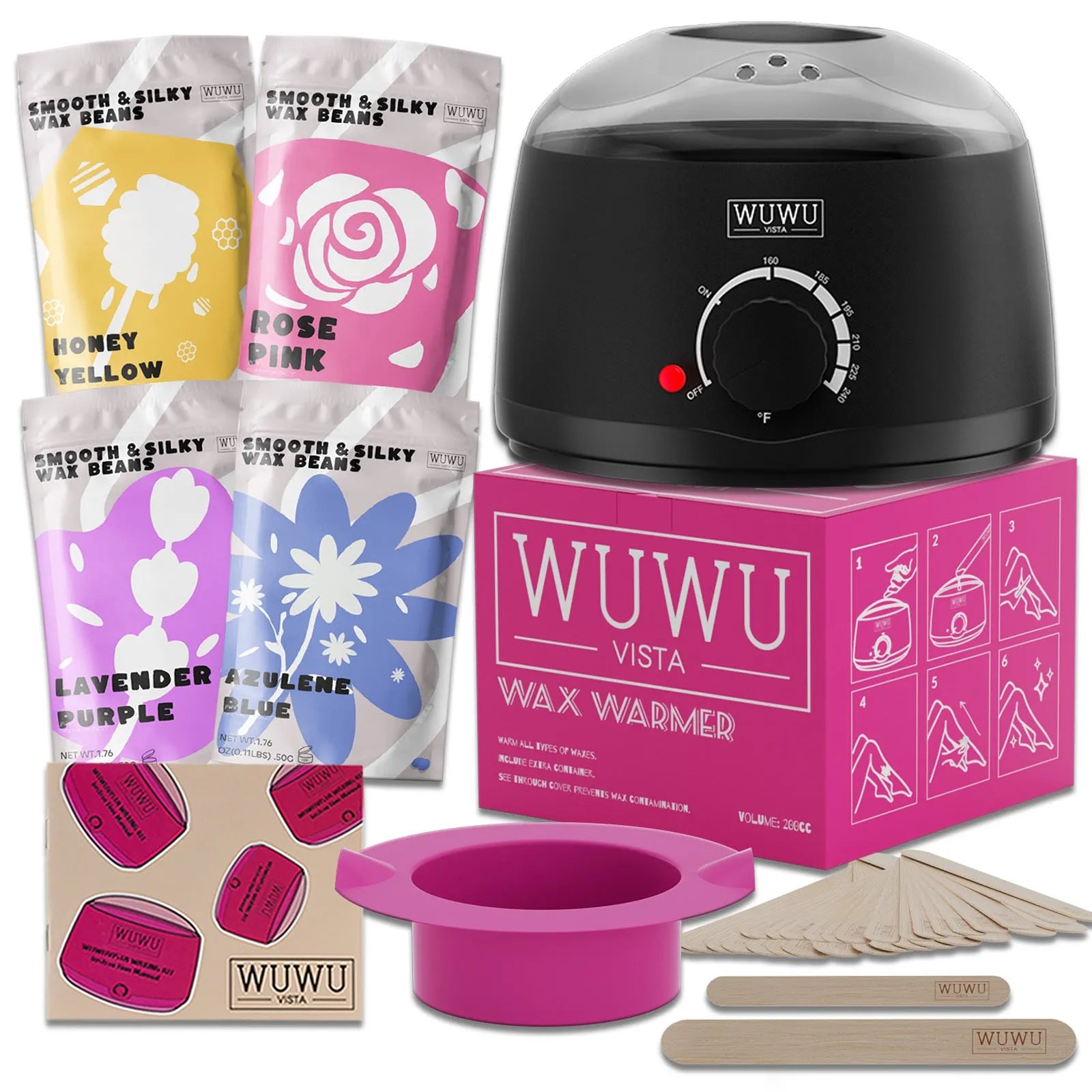 27-piece hair removal wax kit with wax heater machine, four coloured wax bead bags, and wax sticks for face and body application