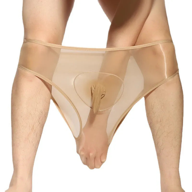 Men's solid colour nylon briefs with bullet separation pouch in multiple colours.