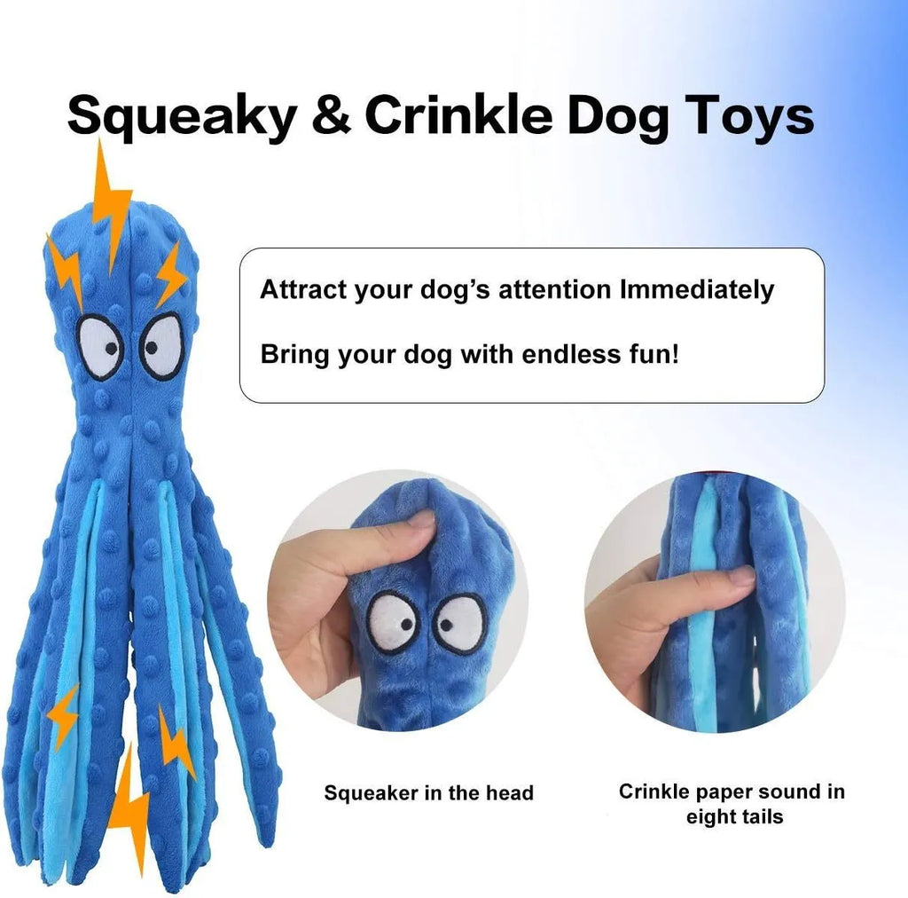 Blue octopus-shaped dog toy with tentacles, no stuffing, suitable for chewing and interactive play