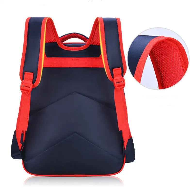 Children's sapphire blue backpack with anime cartoon prints showing dimensions and included pencil case