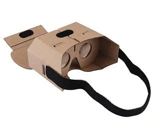 Corrugated paper virtual reality glasses for smartphones between 3.5 and 6 inches wide.