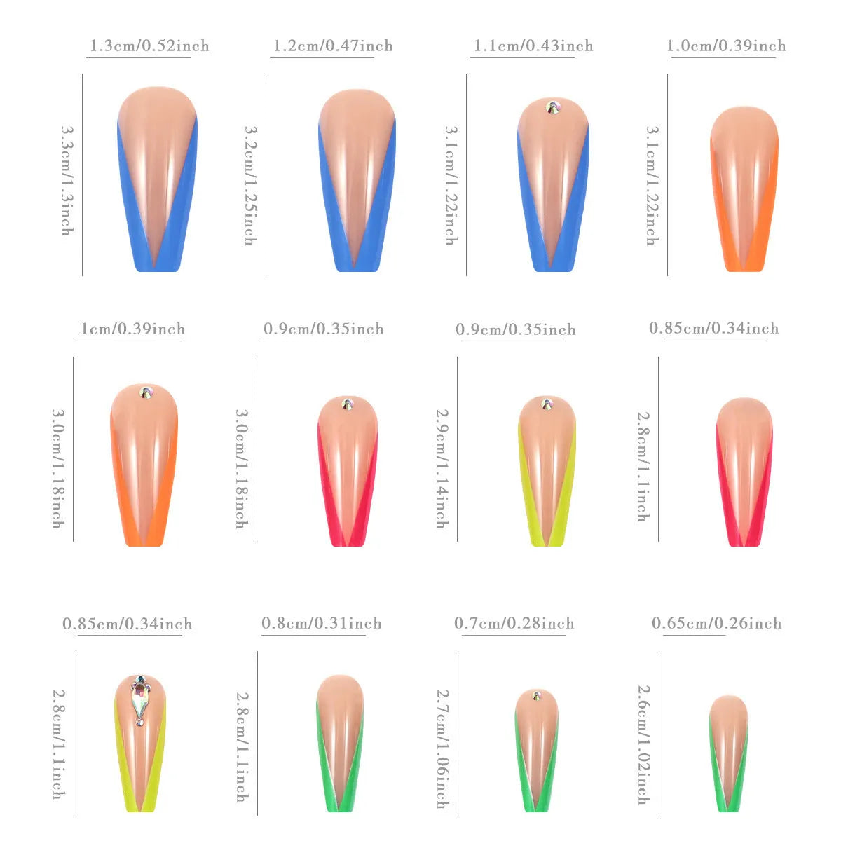 Diamond colour French detachable nail tips with cartoon, love, and cross heart patterns