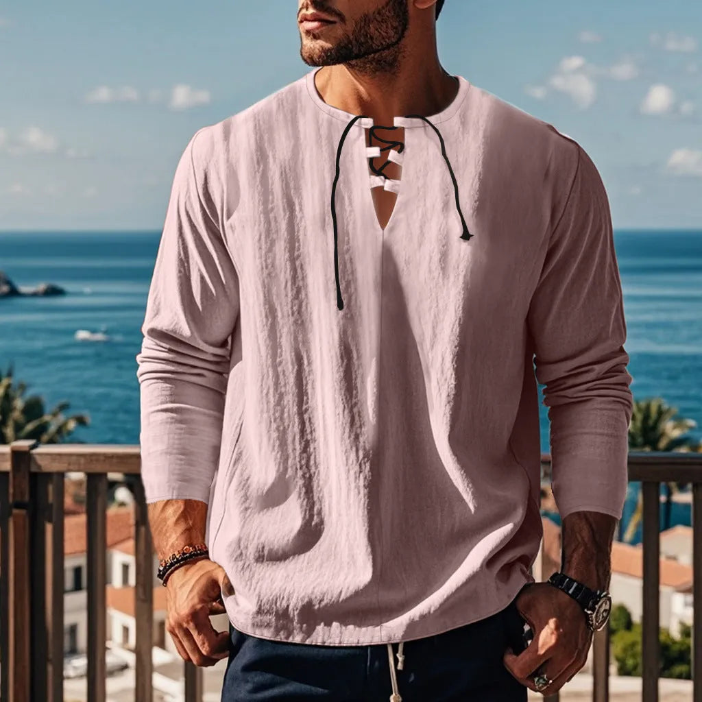 Cotton blend casual pullover shirt in solid colour with loose fit for leisure wear