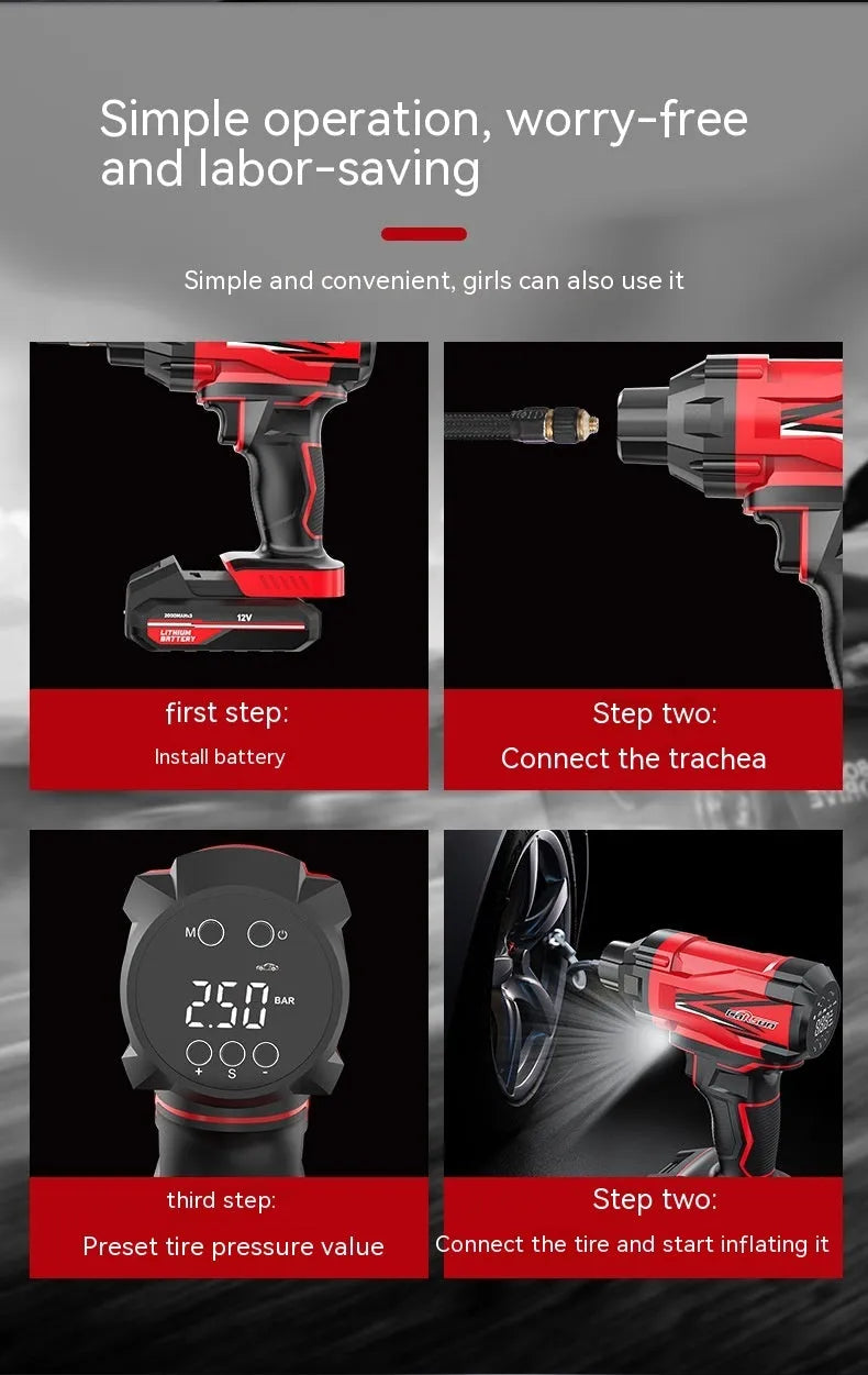 Red and black portable car wireless air pump with digital display, nozzles, and power cables.