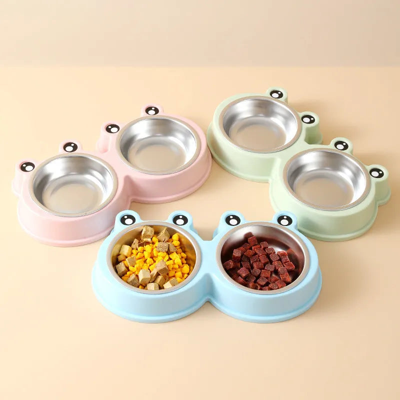 Stainless steel pet double feeding bowl in blue, green, or pink colour for cats and dogs.