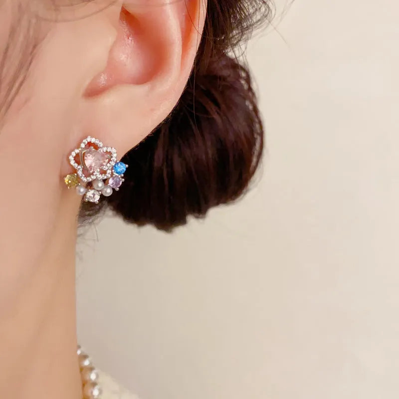 Full diamond silver petal stud earrings with real gold plating on copper, flower shape, in khaki colour