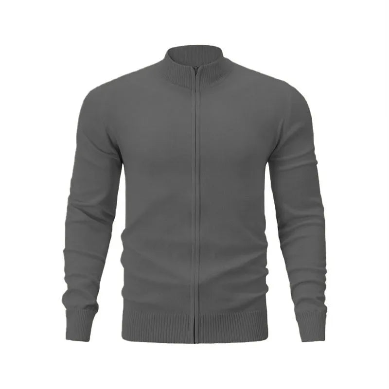 Man wearing a stand collar casual zip-up sweater in a solid colour, showing the full-length front zipper and loose fit.