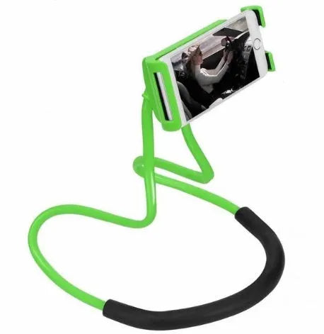Universal white plastic phone neck holder with shock foam, showing 360-degree rotation and phone clamp.