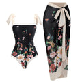 Women's retro one-piece swimsuit with chiffon skirt in floral pattern