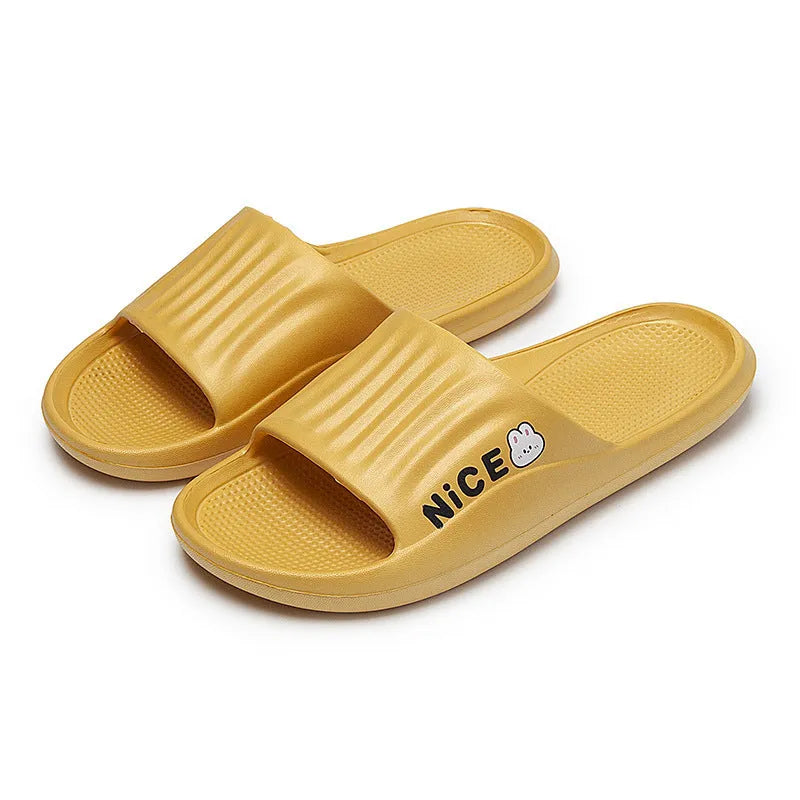 Adult unisex cartoon pattern EVA flip flop slippers in various colours on a white background.